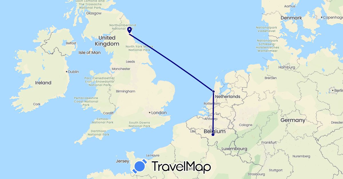 TravelMap itinerary: driving in Belgium, United Kingdom, Netherlands (Europe)